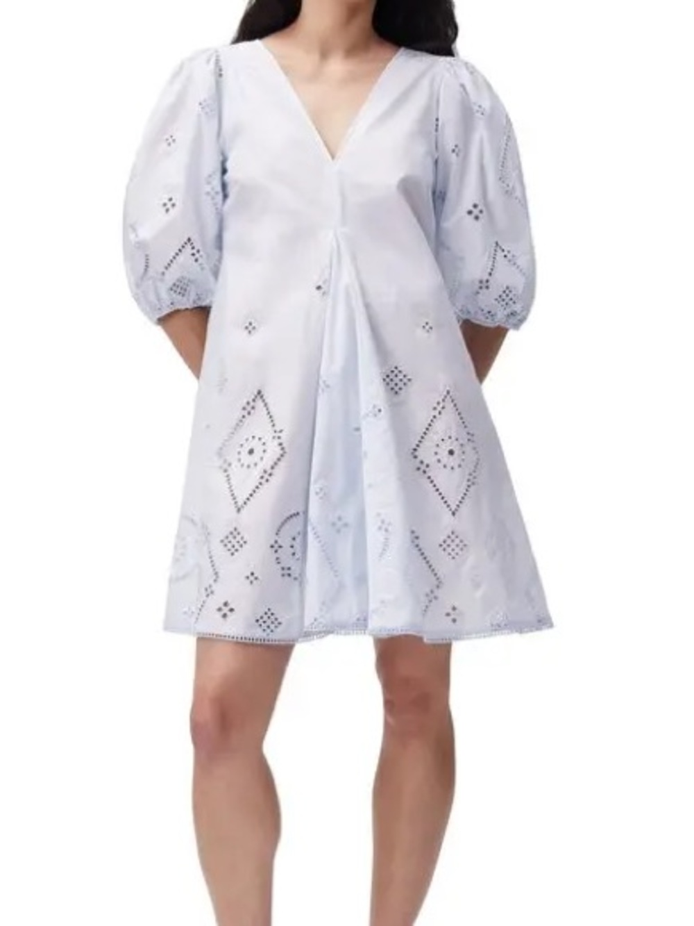 GANNI Broderie Anglaise V Neck Mini Dress Blue Cotton Eyelet Size 32